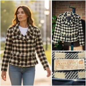 Vintage PENDLETON Black & Cream Checkered Plaid Crop Peacoat Jacket Coat Sz 14